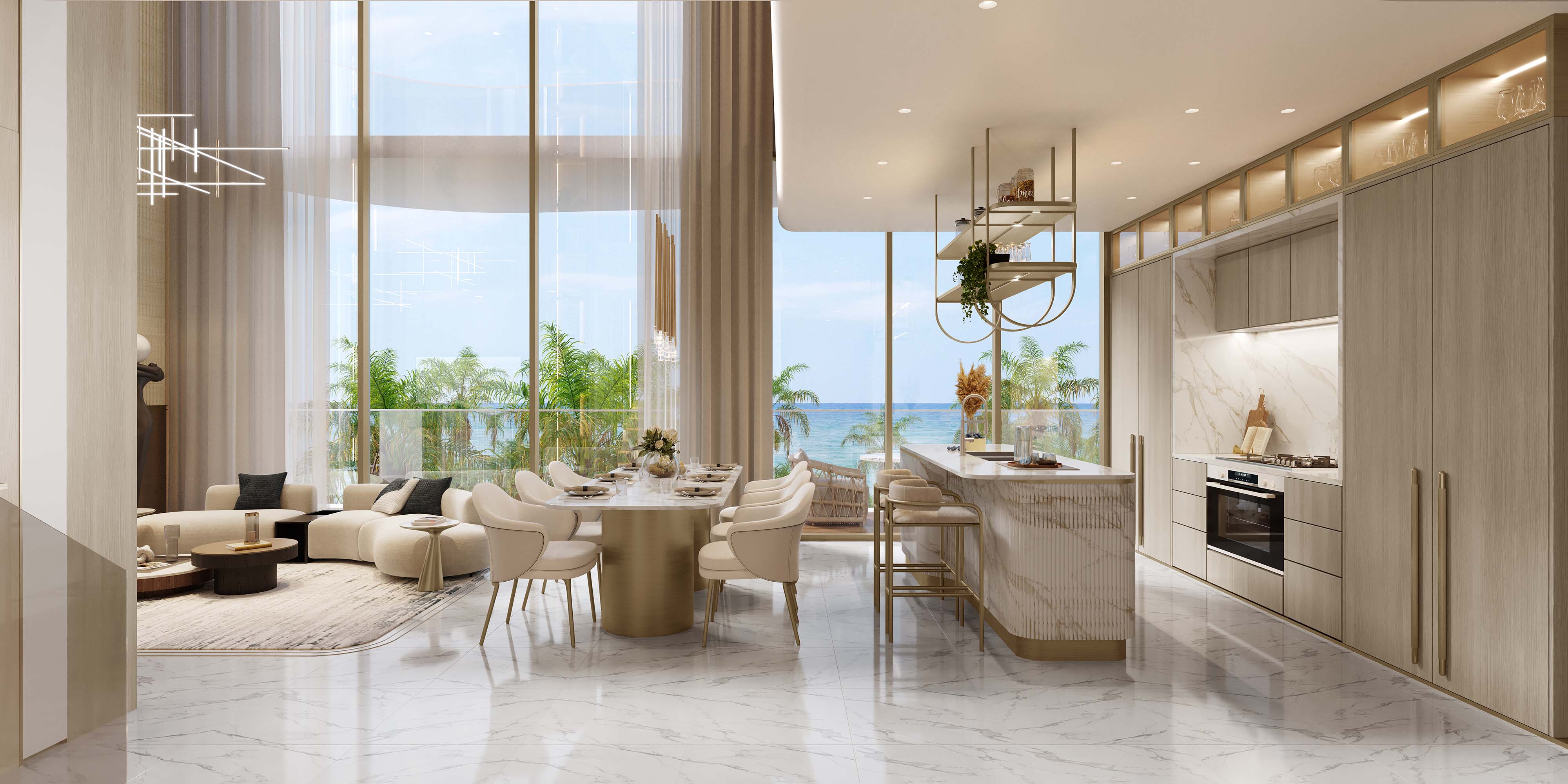 Sunset Bay 3 By Imtiaz A modern dining area featuring a round table, elegant chairs, and a kitchen with marble finishes and ocean views.